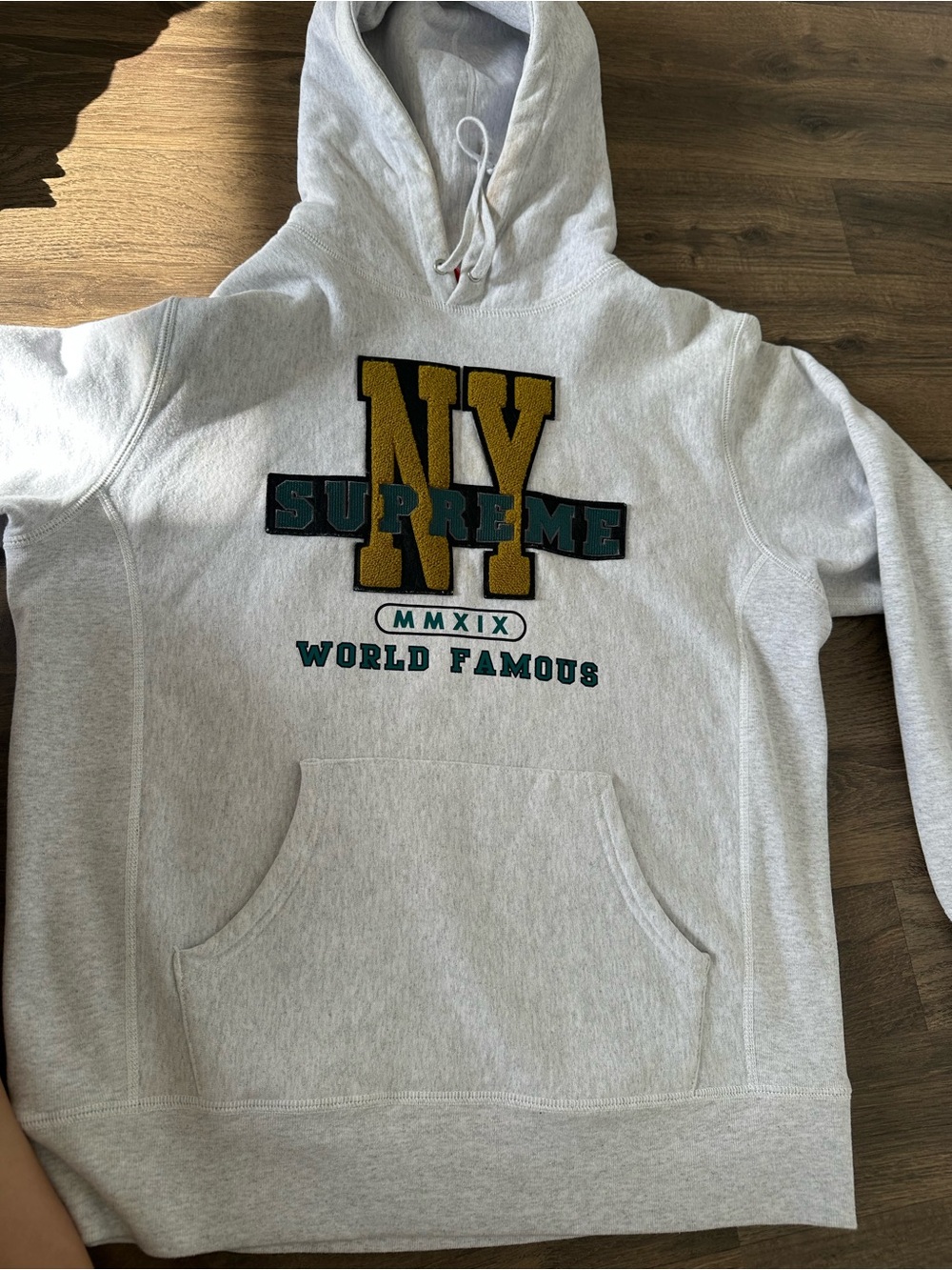 Supreme Grey Hoodie with Gold & Teal NY Embroidery